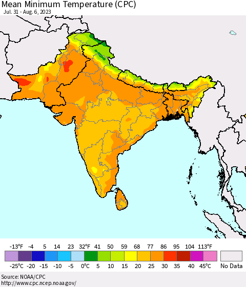Southern Asia Mean Minimum Temperature (CPC) Thematic Map For 7/31/2023 - 8/6/2023