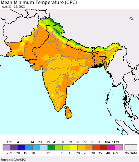Southern Asia Mean Minimum Temperature (CPC) Thematic Map For 8/21/2023 - 8/27/2023