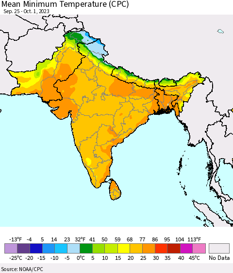 Southern Asia Mean Minimum Temperature (CPC) Thematic Map For 9/25/2023 - 10/1/2023
