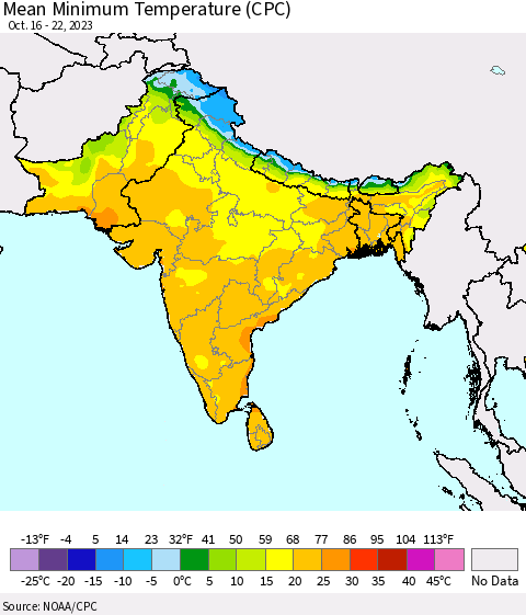 Southern Asia Mean Minimum Temperature (CPC) Thematic Map For 10/16/2023 - 10/22/2023