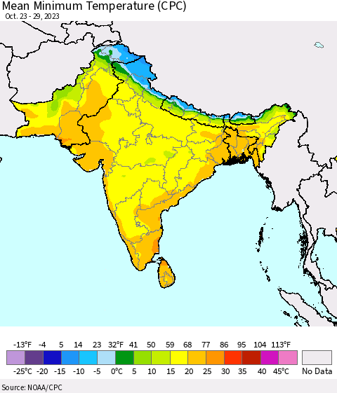Southern Asia Mean Minimum Temperature (CPC) Thematic Map For 10/23/2023 - 10/29/2023