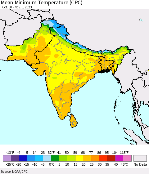 Southern Asia Mean Minimum Temperature (CPC) Thematic Map For 10/30/2023 - 11/5/2023