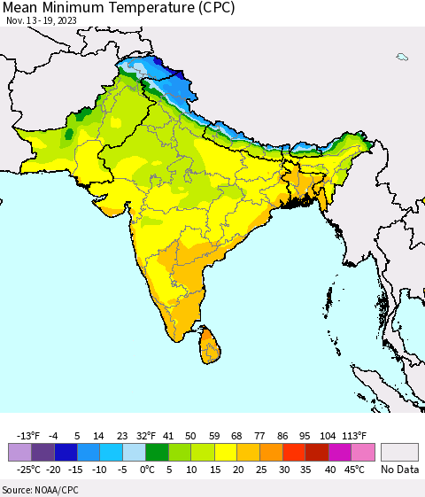 Southern Asia Mean Minimum Temperature (CPC) Thematic Map For 11/13/2023 - 11/19/2023