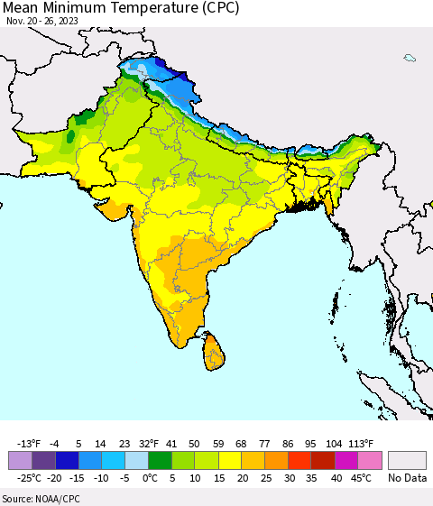Southern Asia Mean Minimum Temperature (CPC) Thematic Map For 11/20/2023 - 11/26/2023
