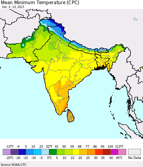 Southern Asia Mean Minimum Temperature (CPC) Thematic Map For 12/4/2023 - 12/10/2023