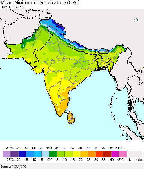 Southern Asia Mean Minimum Temperature (CPC) Thematic Map For 12/11/2023 - 12/17/2023