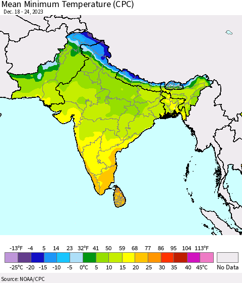 Southern Asia Mean Minimum Temperature (CPC) Thematic Map For 12/18/2023 - 12/24/2023