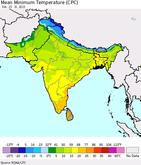 Southern Asia Mean Minimum Temperature (CPC) Thematic Map For 12/25/2023 - 12/31/2023