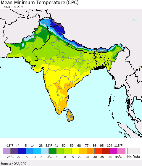 Southern Asia Mean Minimum Temperature (CPC) Thematic Map For 1/8/2024 - 1/14/2024