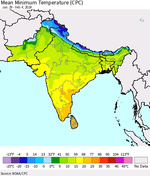 Southern Asia Mean Minimum Temperature (CPC) Thematic Map For 1/29/2024 - 2/4/2024