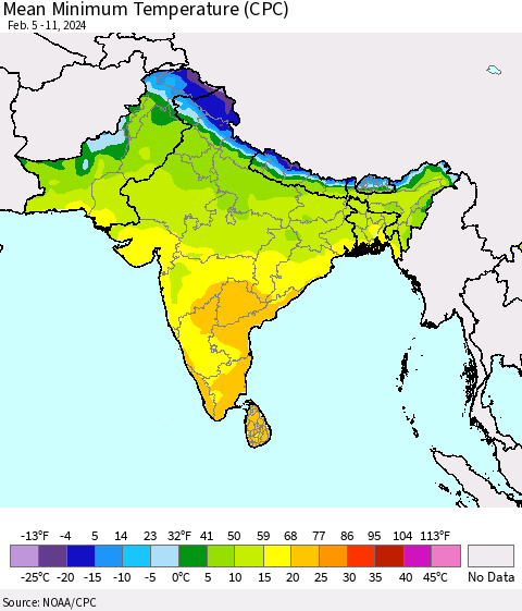Southern Asia Mean Minimum Temperature (CPC) Thematic Map For 2/5/2024 - 2/11/2024