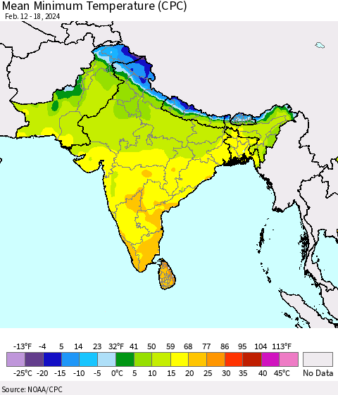 Southern Asia Mean Minimum Temperature (CPC) Thematic Map For 2/12/2024 - 2/18/2024