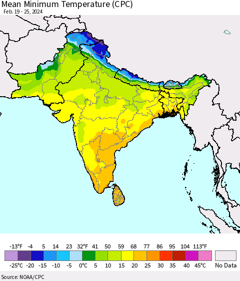 Southern Asia Mean Minimum Temperature (CPC) Thematic Map For 2/19/2024 - 2/25/2024
