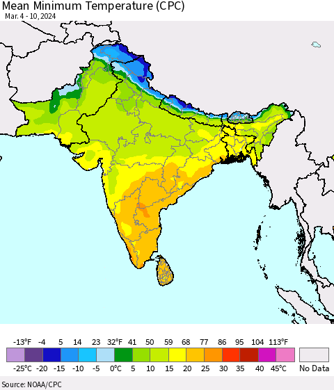 Southern Asia Mean Minimum Temperature (CPC) Thematic Map For 3/4/2024 - 3/10/2024