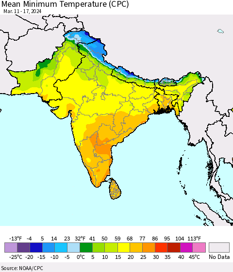 Southern Asia Mean Minimum Temperature (CPC) Thematic Map For 3/11/2024 - 3/17/2024