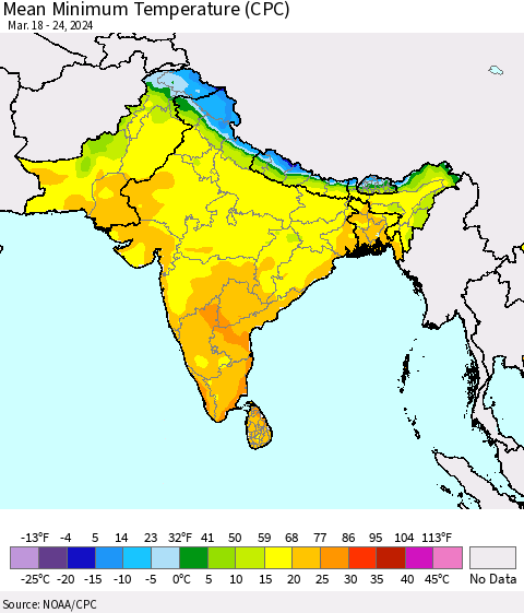 Southern Asia Mean Minimum Temperature (CPC) Thematic Map For 3/18/2024 - 3/24/2024