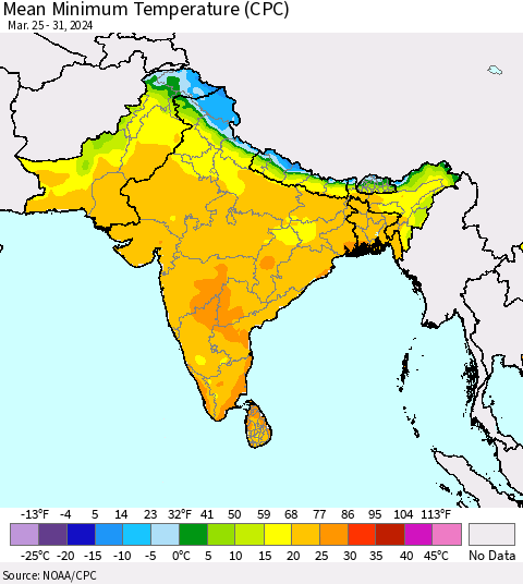 Southern Asia Mean Minimum Temperature (CPC) Thematic Map For 3/25/2024 - 3/31/2024