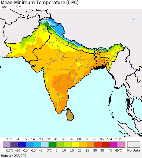 Southern Asia Mean Minimum Temperature (CPC) Thematic Map For 4/1/2024 - 4/7/2024