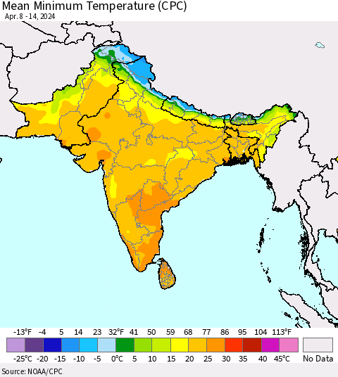 Southern Asia Mean Minimum Temperature (CPC) Thematic Map For 4/8/2024 - 4/14/2024