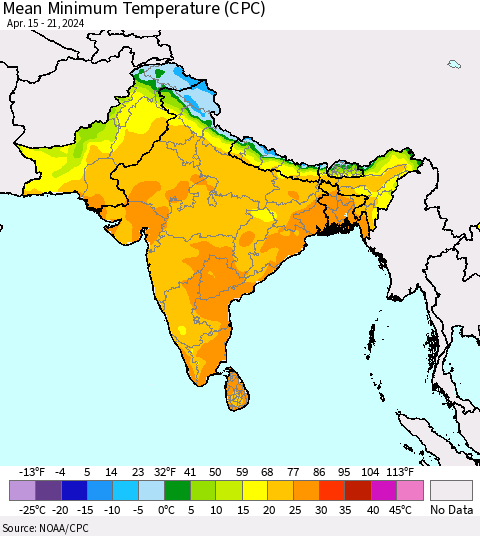 Southern Asia Mean Minimum Temperature (CPC) Thematic Map For 4/15/2024 - 4/21/2024