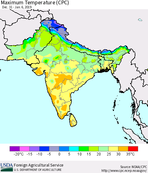 Southern Asia Mean Maximum Temperature (CPC) Thematic Map For 12/31/2018 - 1/6/2019