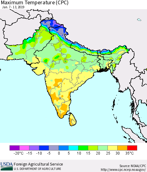 Southern Asia Mean Maximum Temperature (CPC) Thematic Map For 1/7/2019 - 1/13/2019