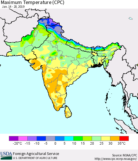 Southern Asia Mean Maximum Temperature (CPC) Thematic Map For 1/14/2019 - 1/20/2019
