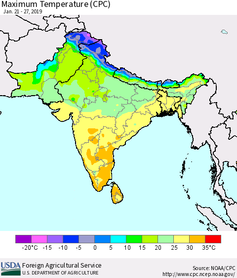 Southern Asia Mean Maximum Temperature (CPC) Thematic Map For 1/21/2019 - 1/27/2019