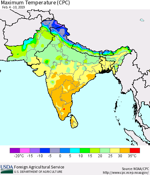 Southern Asia Mean Maximum Temperature (CPC) Thematic Map For 2/4/2019 - 2/10/2019