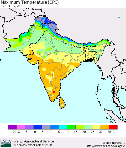 Southern Asia Mean Maximum Temperature (CPC) Thematic Map For 2/11/2019 - 2/17/2019