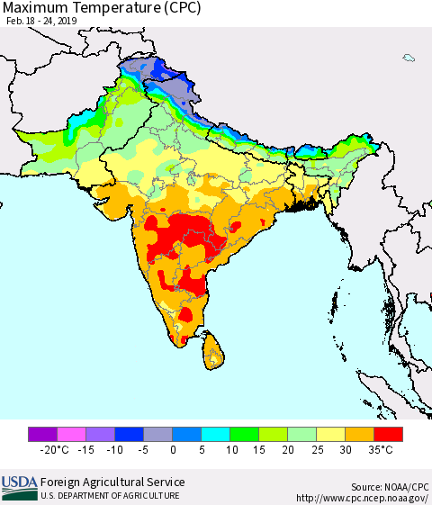 Southern Asia Mean Maximum Temperature (CPC) Thematic Map For 2/18/2019 - 2/24/2019