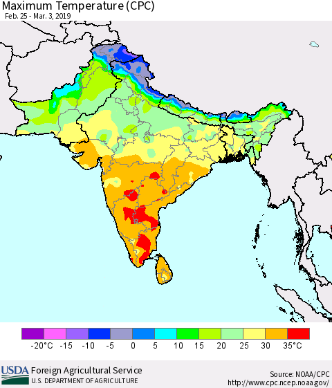 Southern Asia Mean Maximum Temperature (CPC) Thematic Map For 2/25/2019 - 3/3/2019