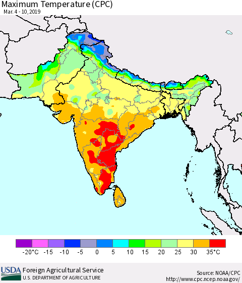 Southern Asia Mean Maximum Temperature (CPC) Thematic Map For 3/4/2019 - 3/10/2019