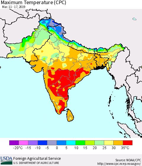 Southern Asia Mean Maximum Temperature (CPC) Thematic Map For 3/11/2019 - 3/17/2019