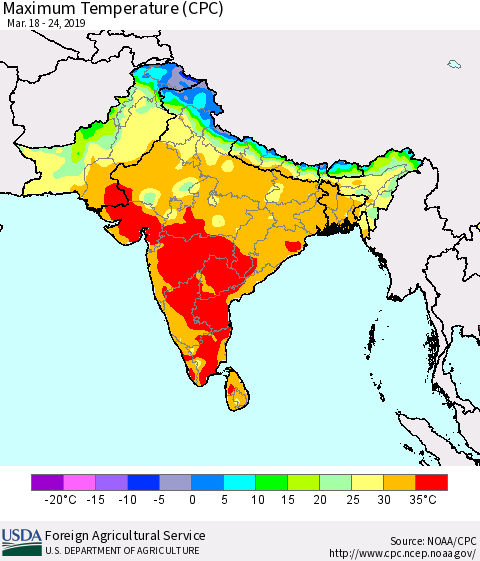 Southern Asia Mean Maximum Temperature (CPC) Thematic Map For 3/18/2019 - 3/24/2019