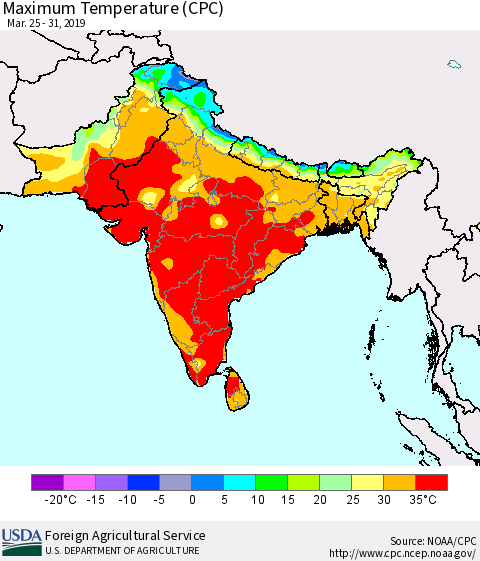 Southern Asia Mean Maximum Temperature (CPC) Thematic Map For 3/25/2019 - 3/31/2019