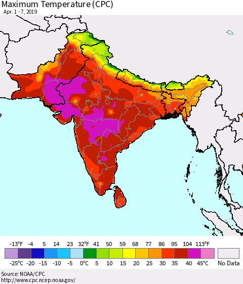 Southern Asia Mean Maximum Temperature (CPC) Thematic Map For 4/1/2019 - 4/7/2019