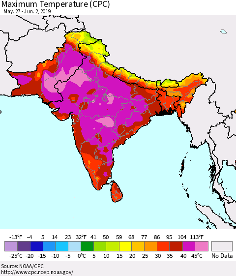 Southern Asia Maximum Temperature (CPC) Thematic Map For 5/27/2019 - 6/2/2019