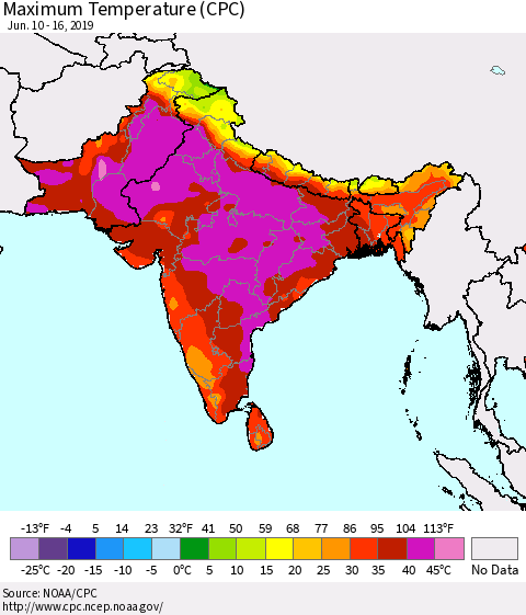 Southern Asia Maximum Temperature (CPC) Thematic Map For 6/10/2019 - 6/16/2019