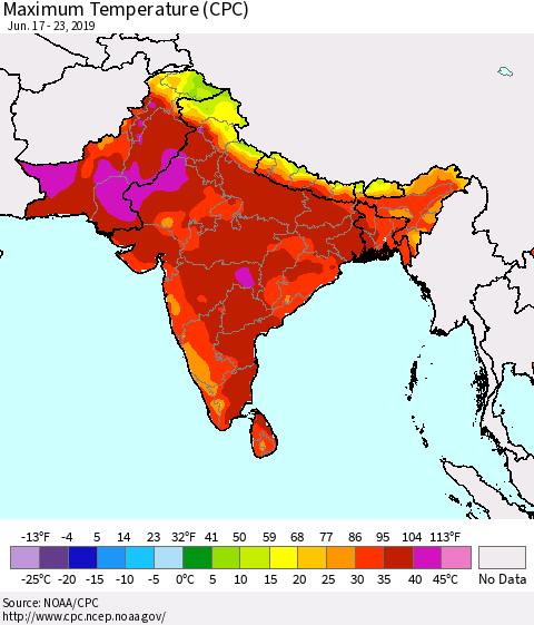 Southern Asia Maximum Temperature (CPC) Thematic Map For 6/17/2019 - 6/23/2019