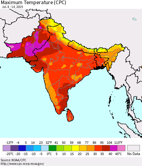 Southern Asia Maximum Temperature (CPC) Thematic Map For 7/8/2019 - 7/14/2019