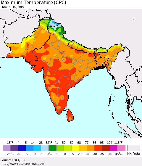 Southern Asia Maximum Temperature (CPC) Thematic Map For 11/4/2019 - 11/10/2019