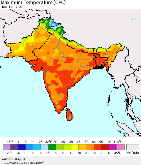 Southern Asia Maximum Temperature (CPC) Thematic Map For 11/11/2019 - 11/17/2019