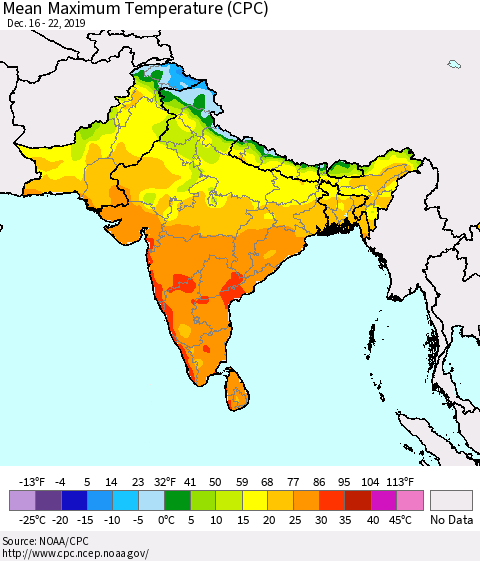 Southern Asia Maximum Temperature (CPC) Thematic Map For 12/16/2019 - 12/22/2019