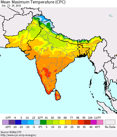 Southern Asia Maximum Temperature (CPC) Thematic Map For 12/23/2019 - 12/29/2019