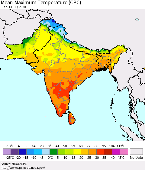Southern Asia Maximum Temperature (CPC) Thematic Map For 1/13/2020 - 1/19/2020