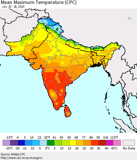Southern Asia Maximum Temperature (CPC) Thematic Map For 1/20/2020 - 1/26/2020