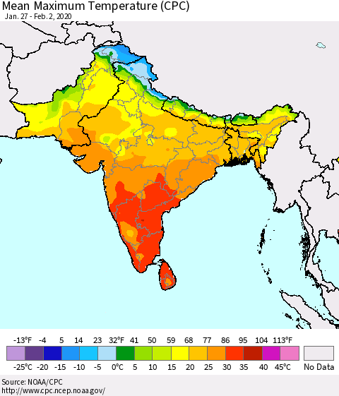 Southern Asia Mean Maximum Temperature (CPC) Thematic Map For 1/27/2020 - 2/2/2020