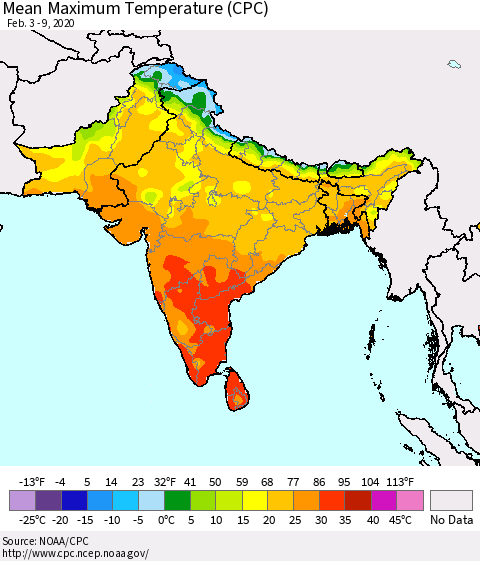 Southern Asia Maximum Temperature (CPC) Thematic Map For 2/3/2020 - 2/9/2020