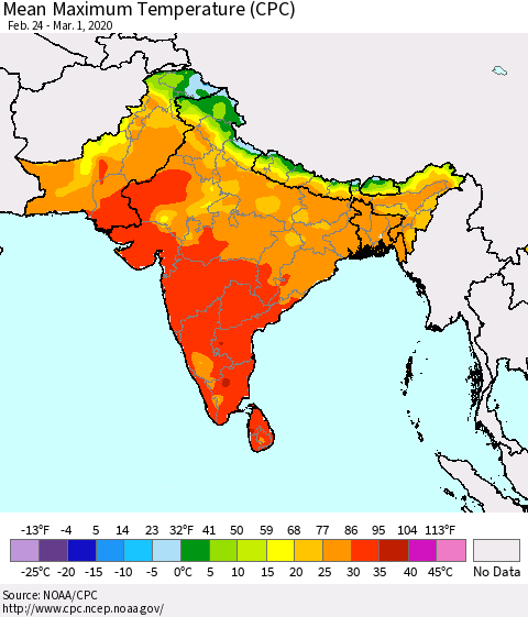 Southern Asia Maximum Temperature (CPC) Thematic Map For 2/24/2020 - 3/1/2020